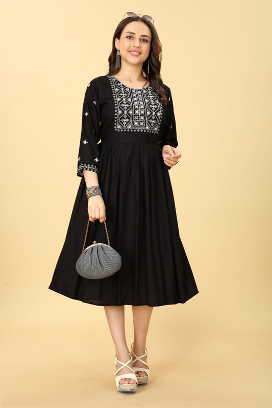 Womans Rayon Embroidered Black Kurta