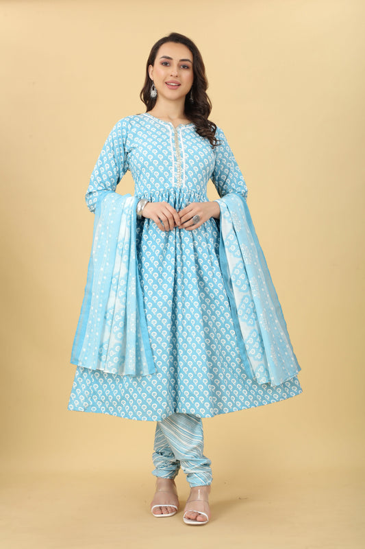 Blue Women Cotton Kurti Pant With Dupatta