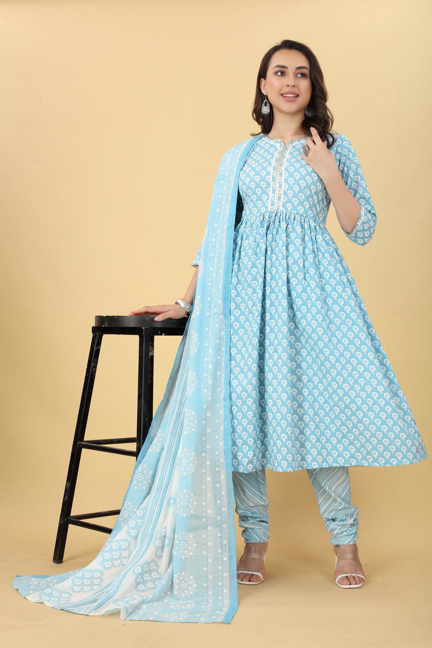 Blue Women Cotton Kurti Pant With Dupatta