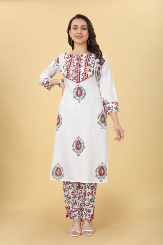 White Women Cotton Fabric Printed Straight Kurti With Pant