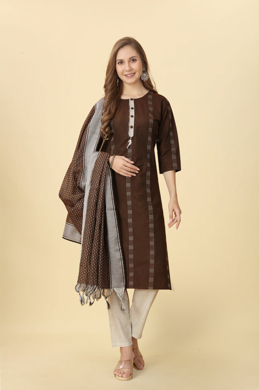 Brown Women Cotton Straight Kurti, With Dupatta Set