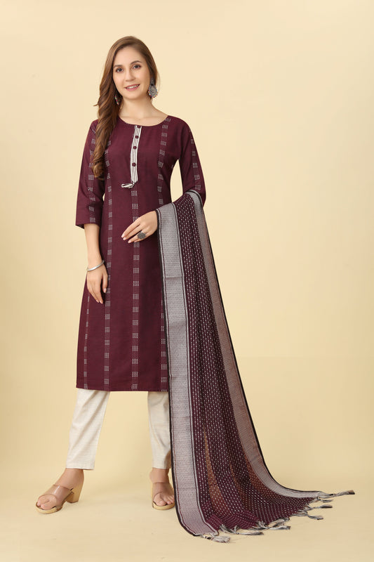 Wine Women Cotton Straight Kurti With Dupatta Set