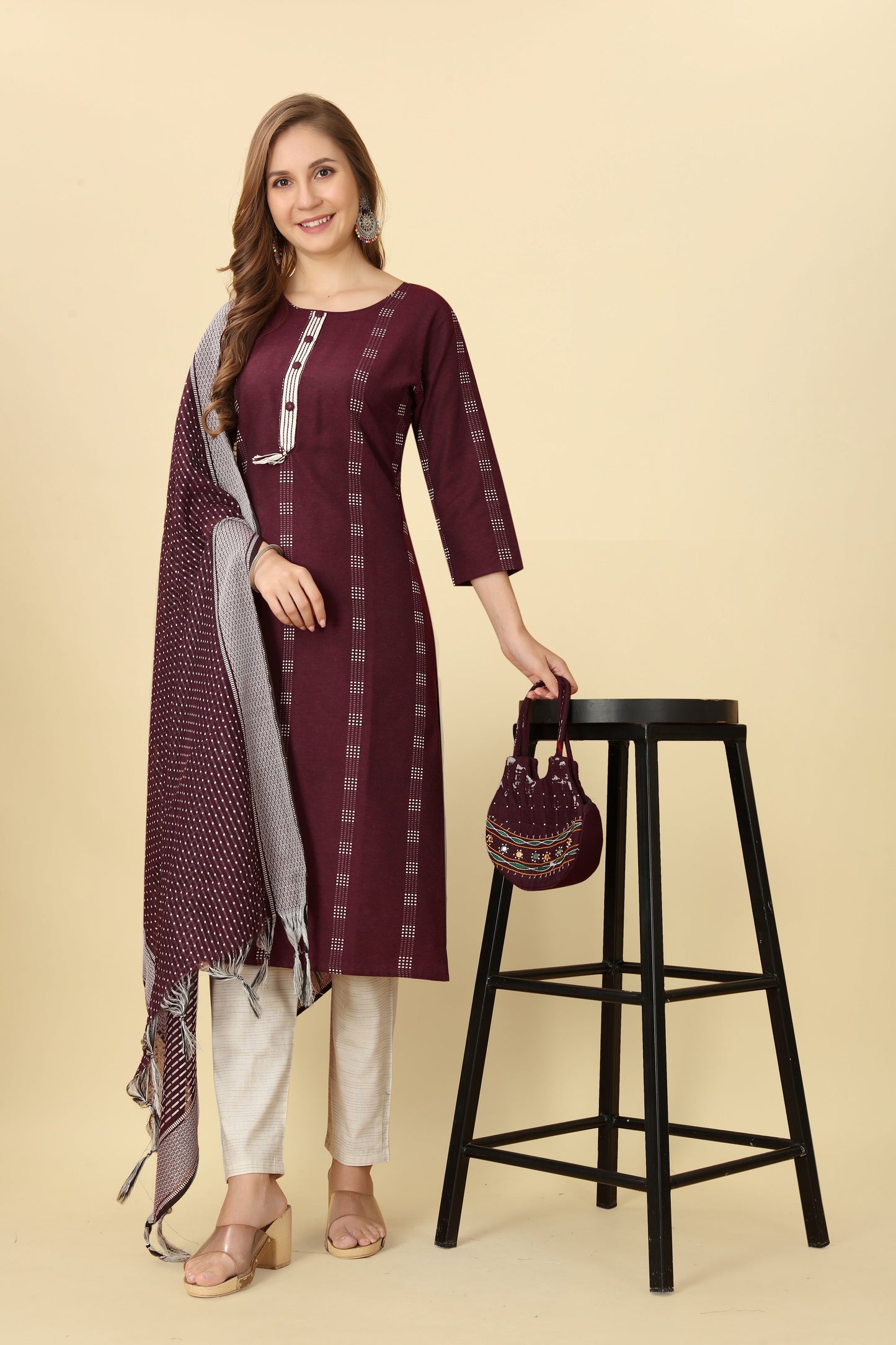 Wine Women Cotton Straight Kurti With Dupatta Set