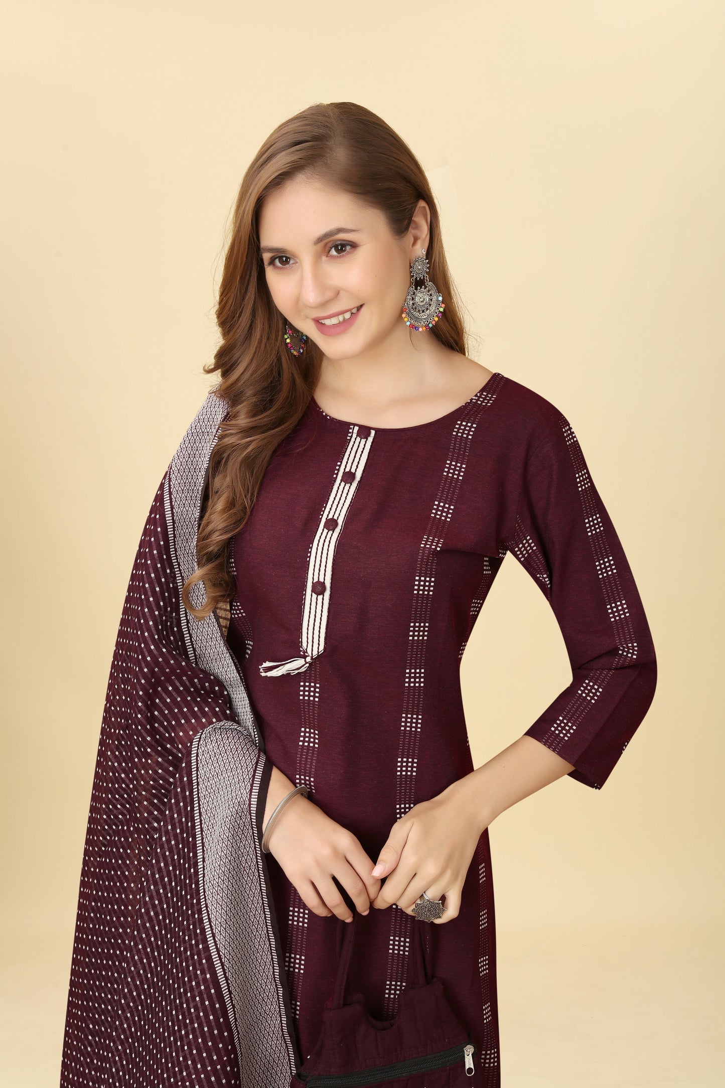 Wine Women Cotton Straight Kurti With Dupatta Set