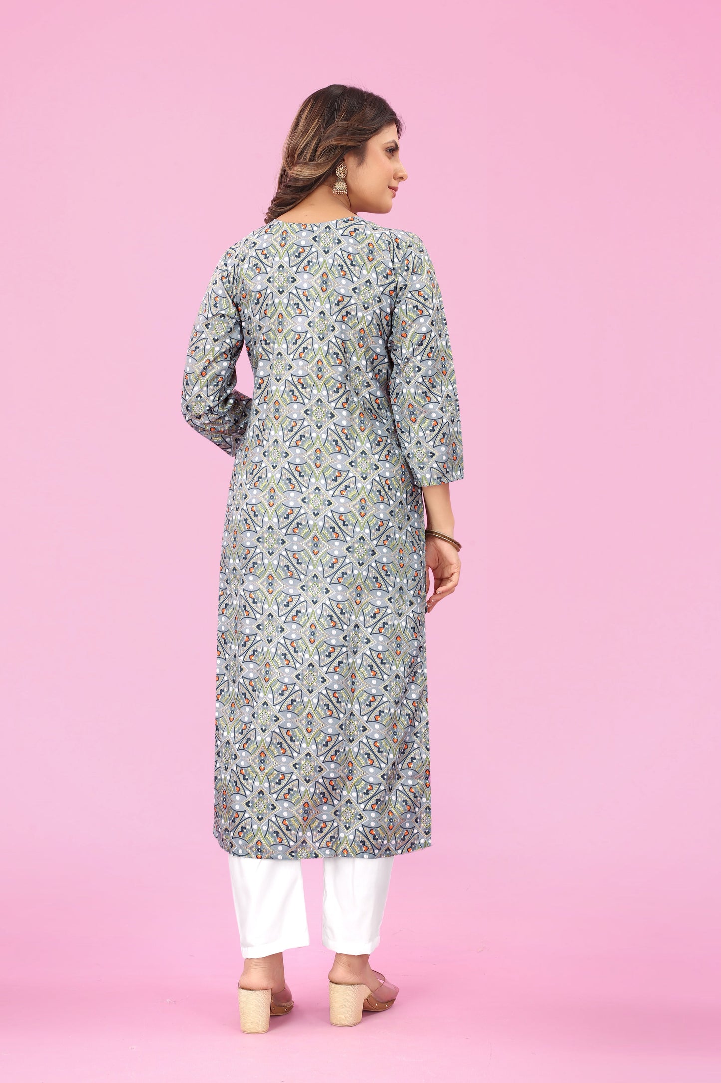 Chic Foil Blossom Peach Cotton Print Straight Kurti by Premroop