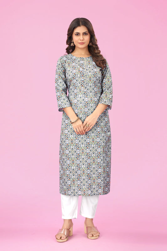 Chic Foil Blossom Peach Cotton Print Straight Kurti by Premroop