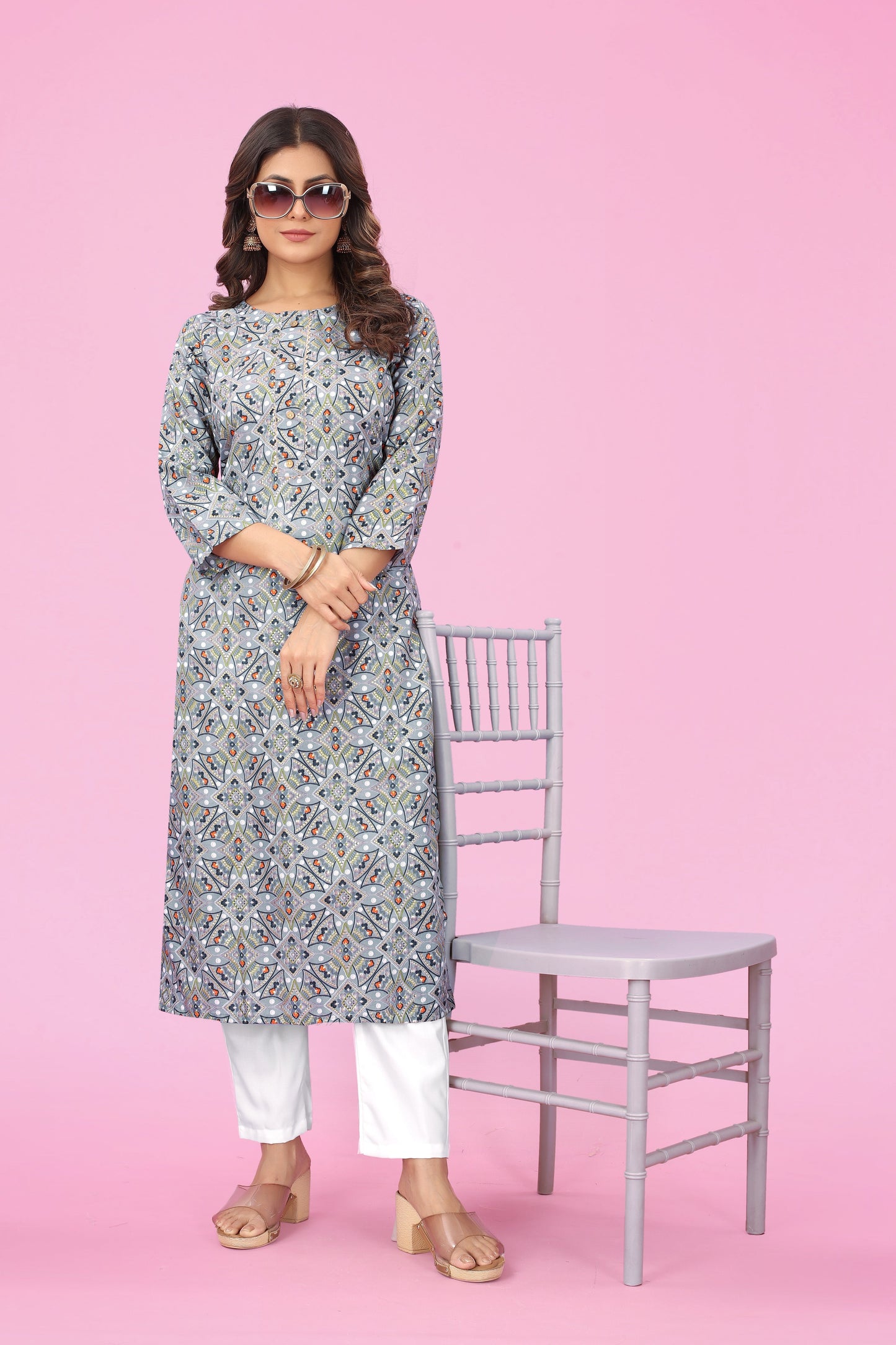 Chic Foil Blossom Peach Cotton Print Straight Kurti by Premroop