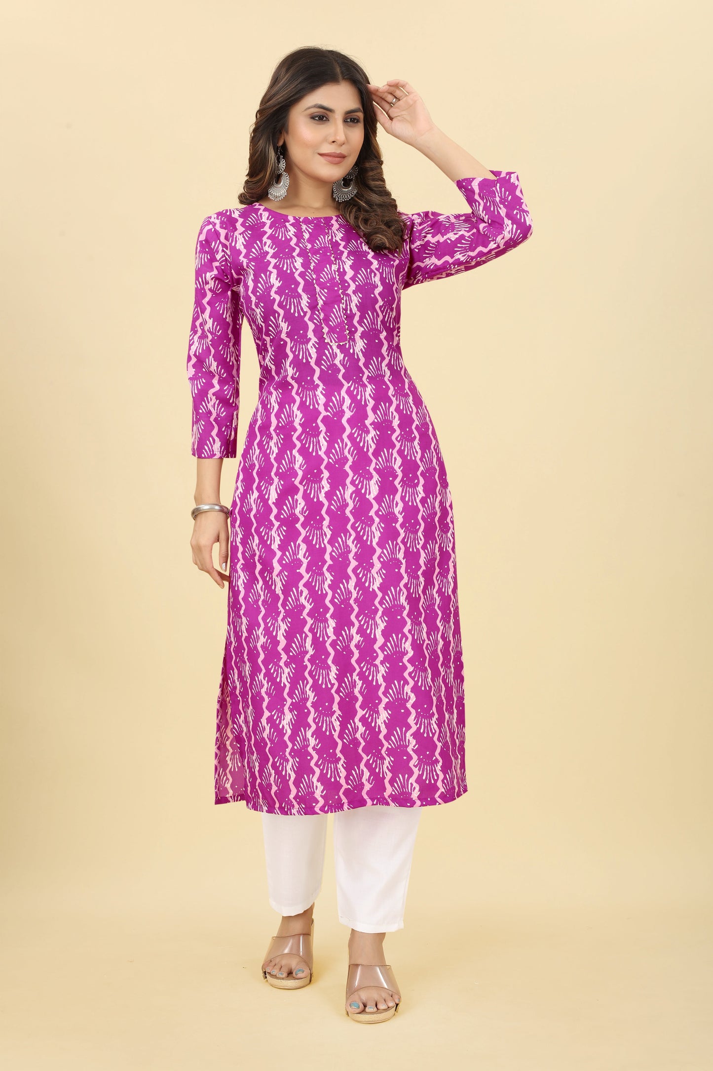 Pink Cotton Printed Straight Kurta Pant Set