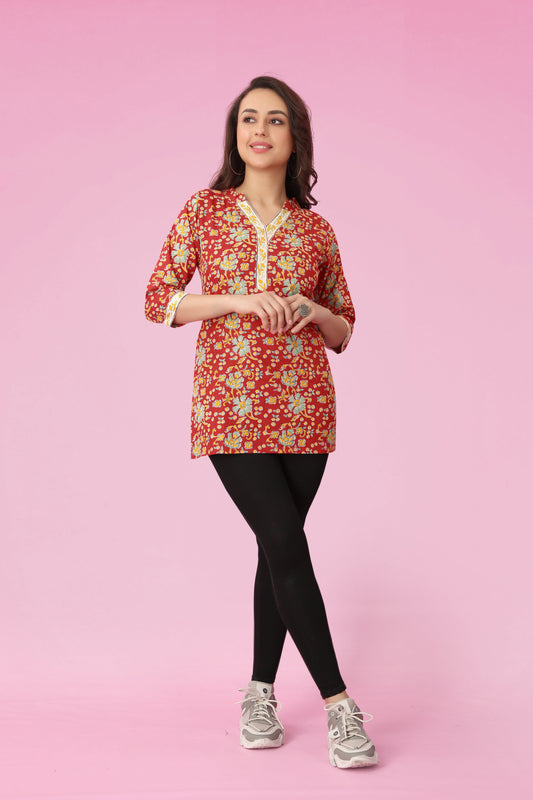 Red Women Cotton Fabric Printed Tunic