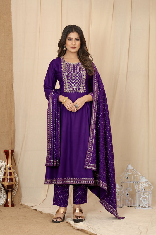 Rayon Embroidered Kurta Pant Set and Dupatta