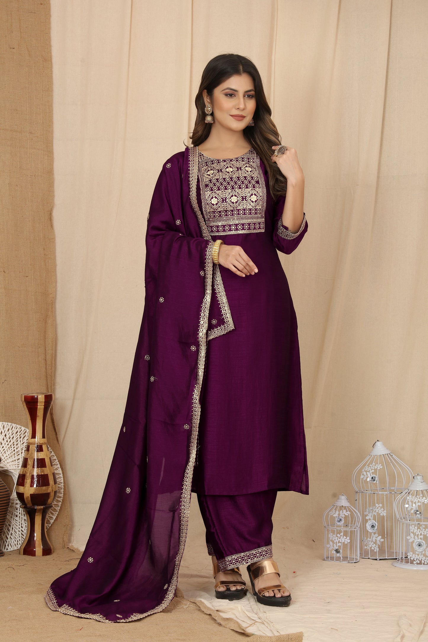 Wine Silk Embroidered Work Kurti Pant Dupatta Set