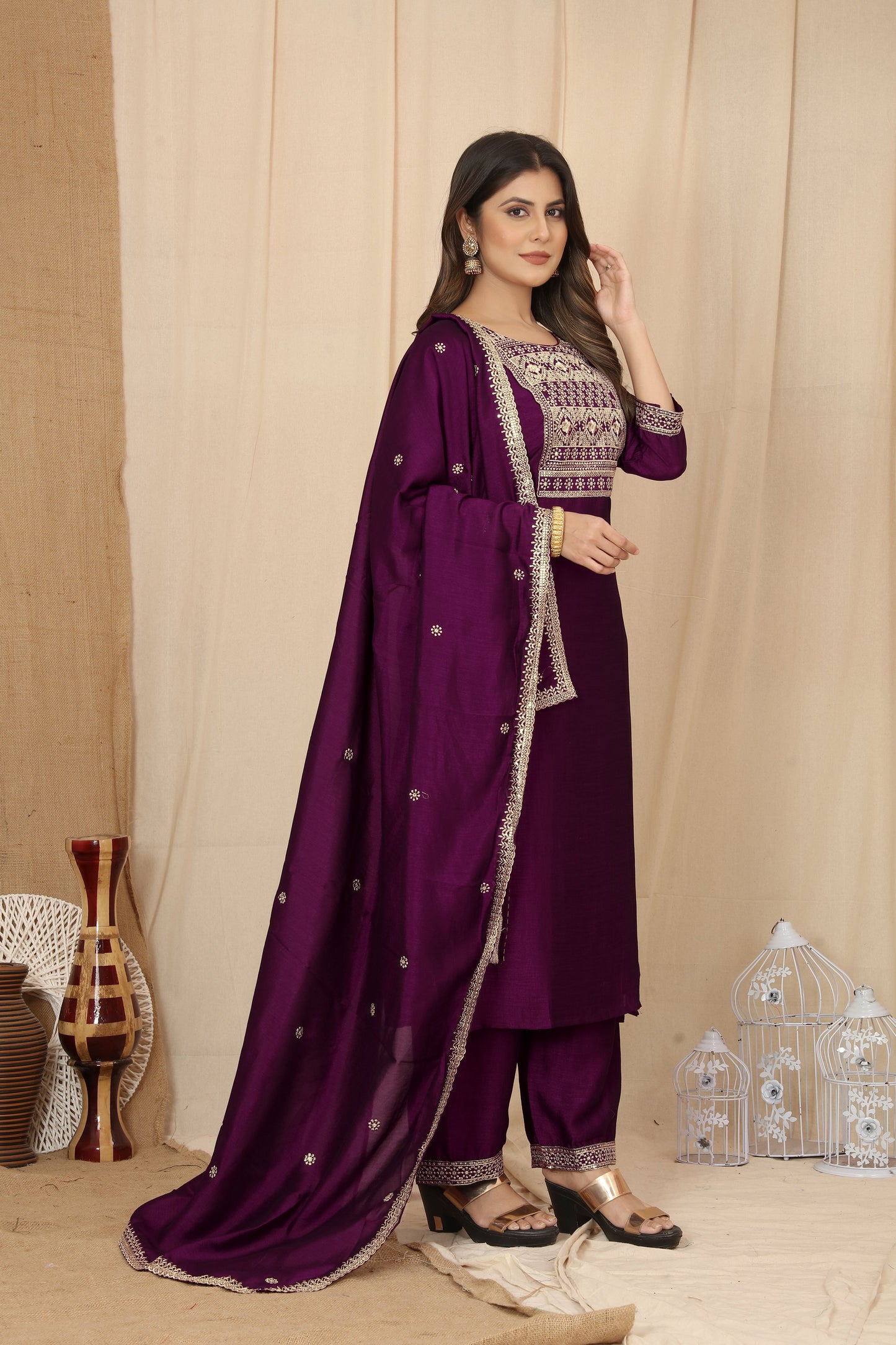 Wine Silk Embroidered Work Kurti Pant Dupatta Set