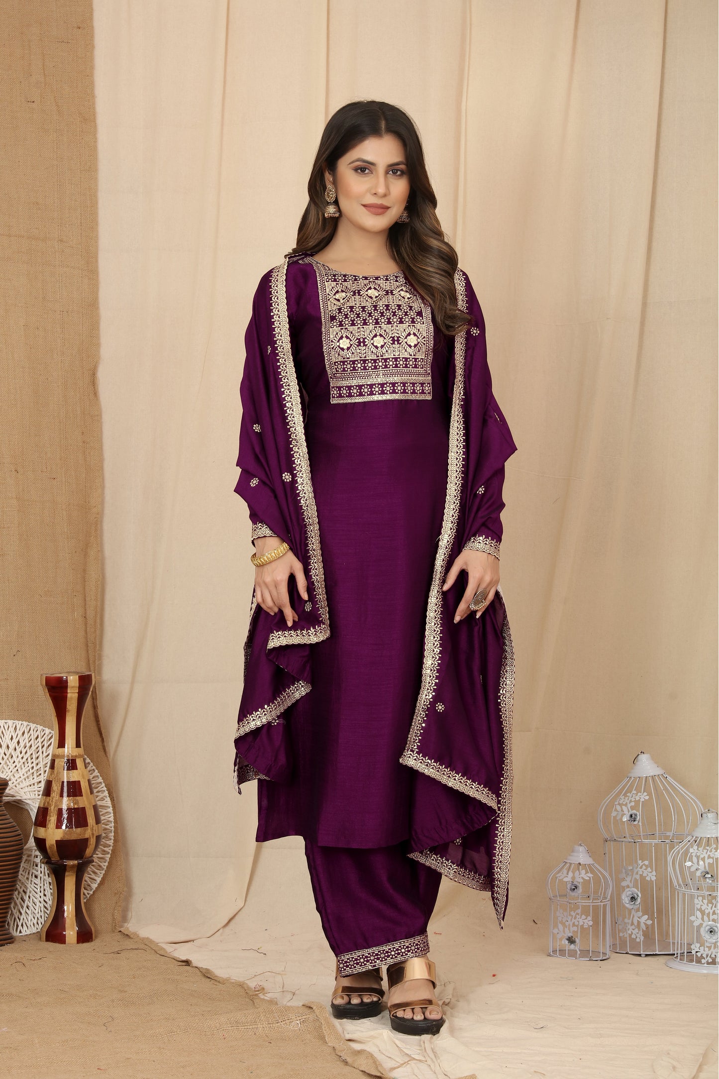 Wine Silk Embroidered Work Kurti Pant Dupatta Set