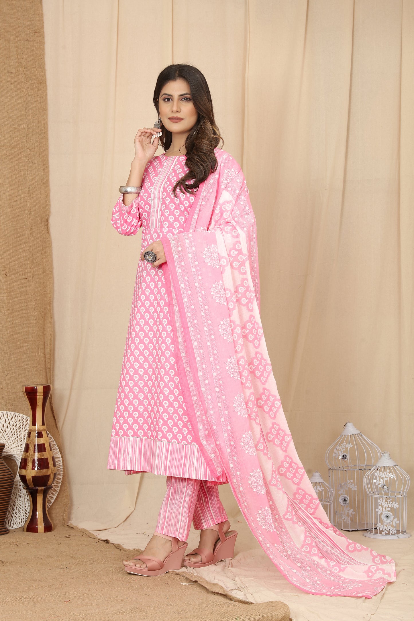 Pink Cotton Round Kurta Suit Set by Premroop