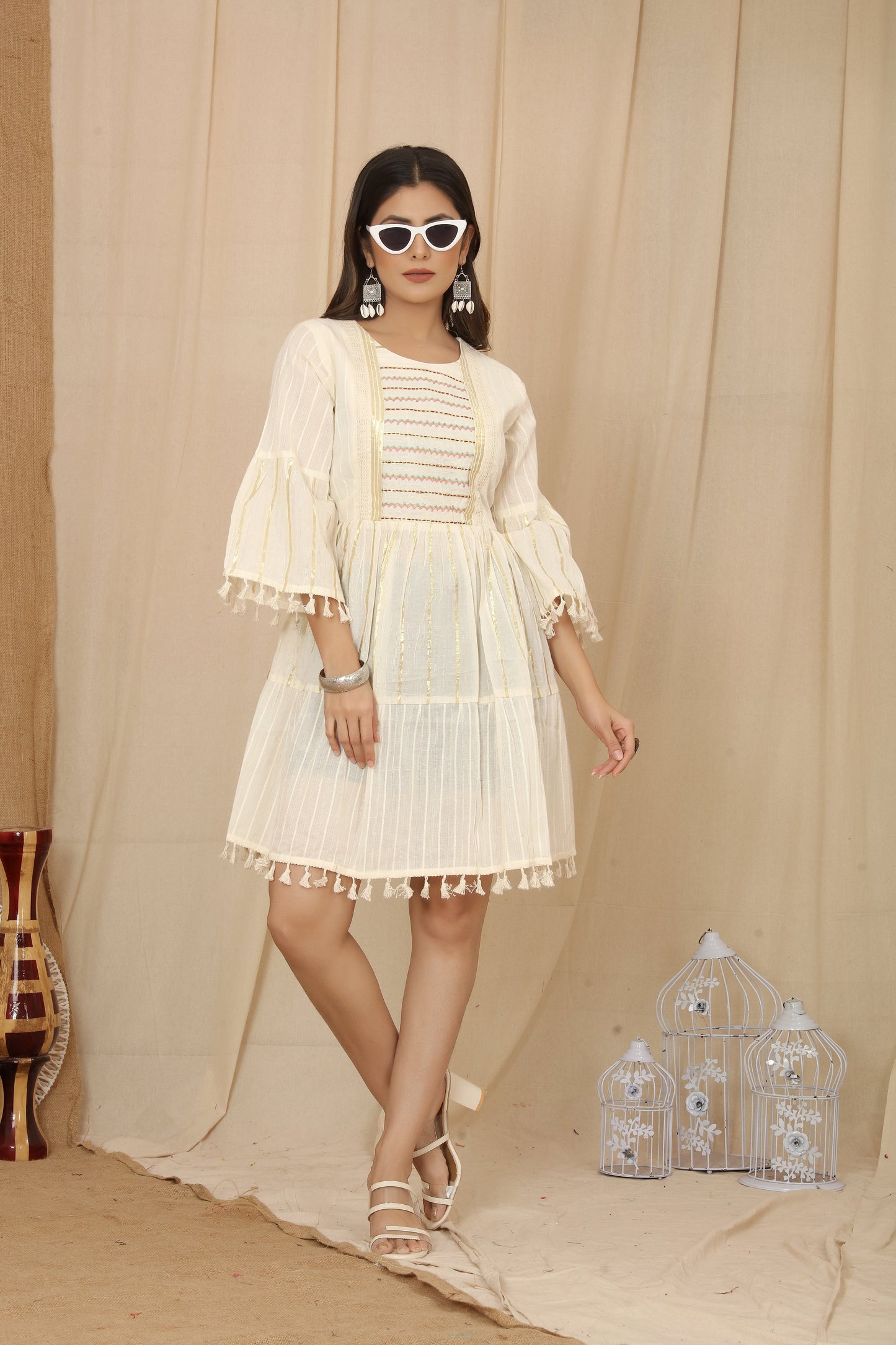 Off White Weaving Short Kurti For Woman