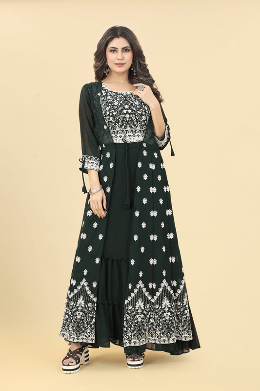 Green Embroidered Georgette Maxi Gown for Women