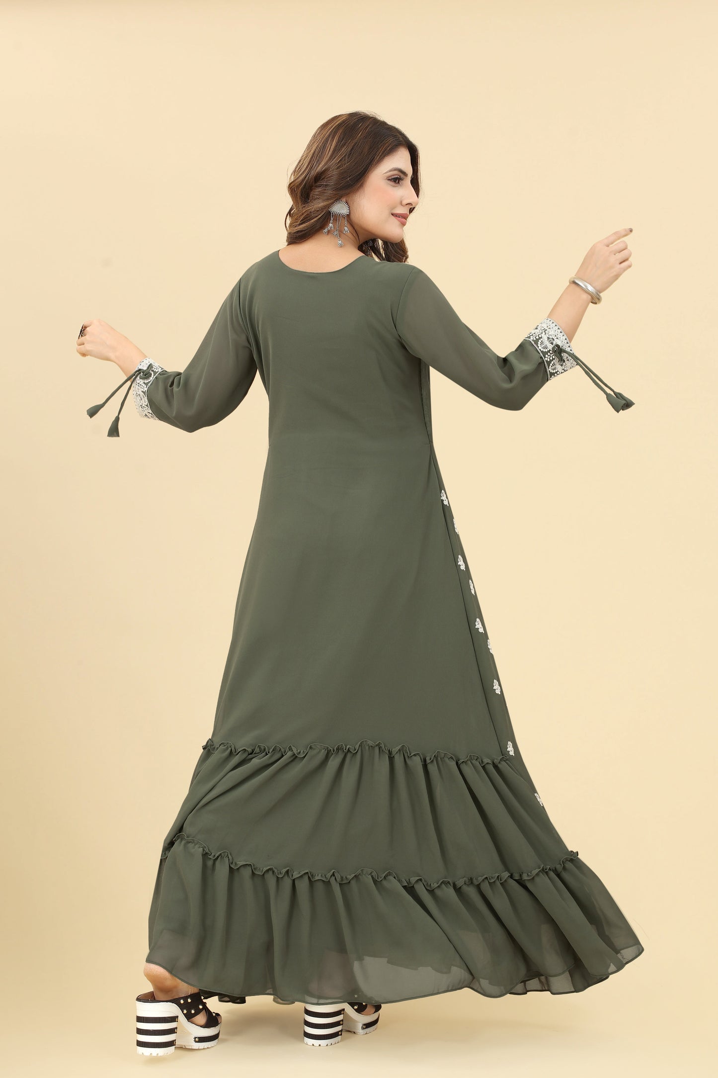 Olive green Georgette Embroidered Gown Women