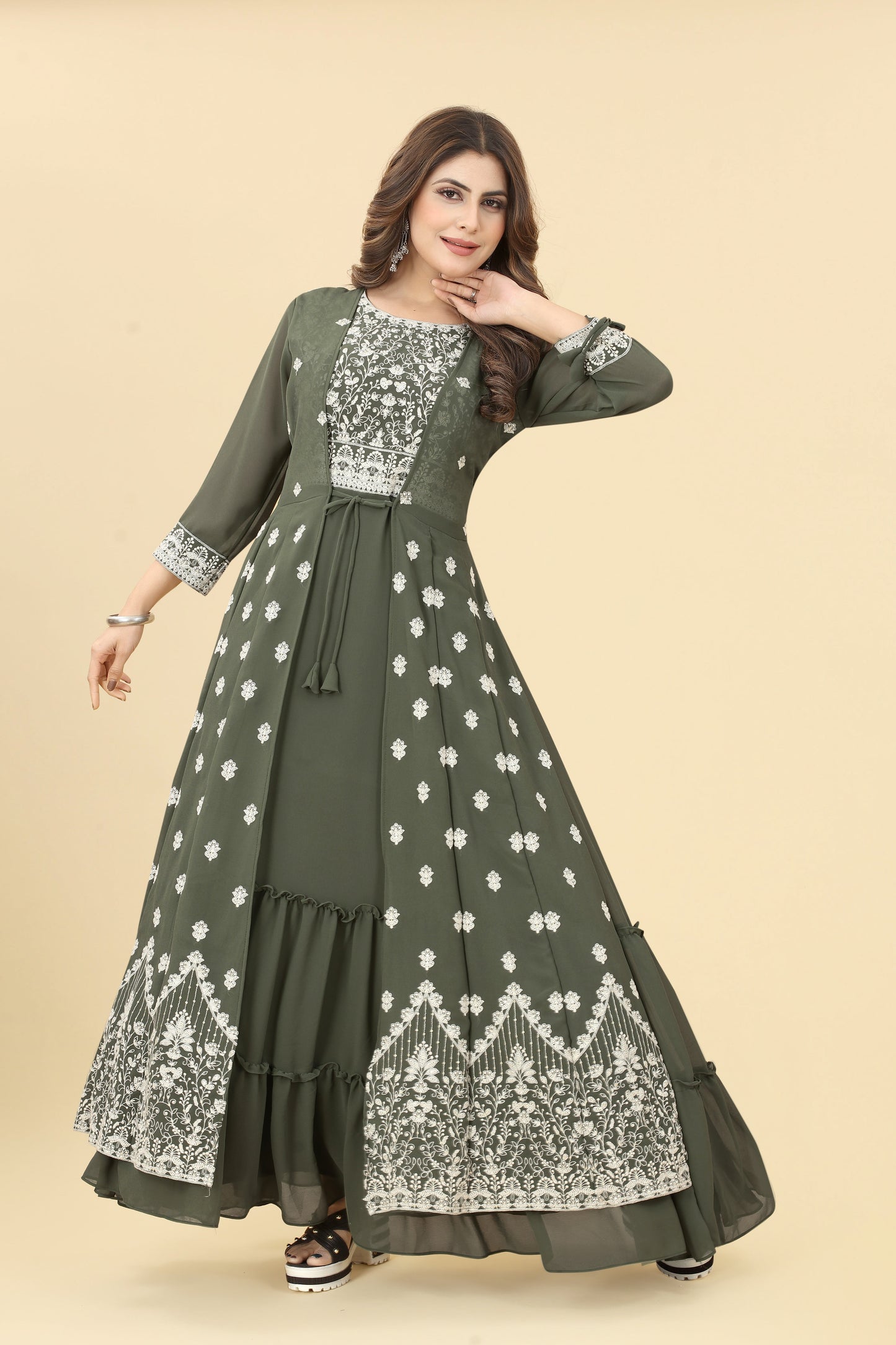 Olive green Georgette Embroidered Gown Women