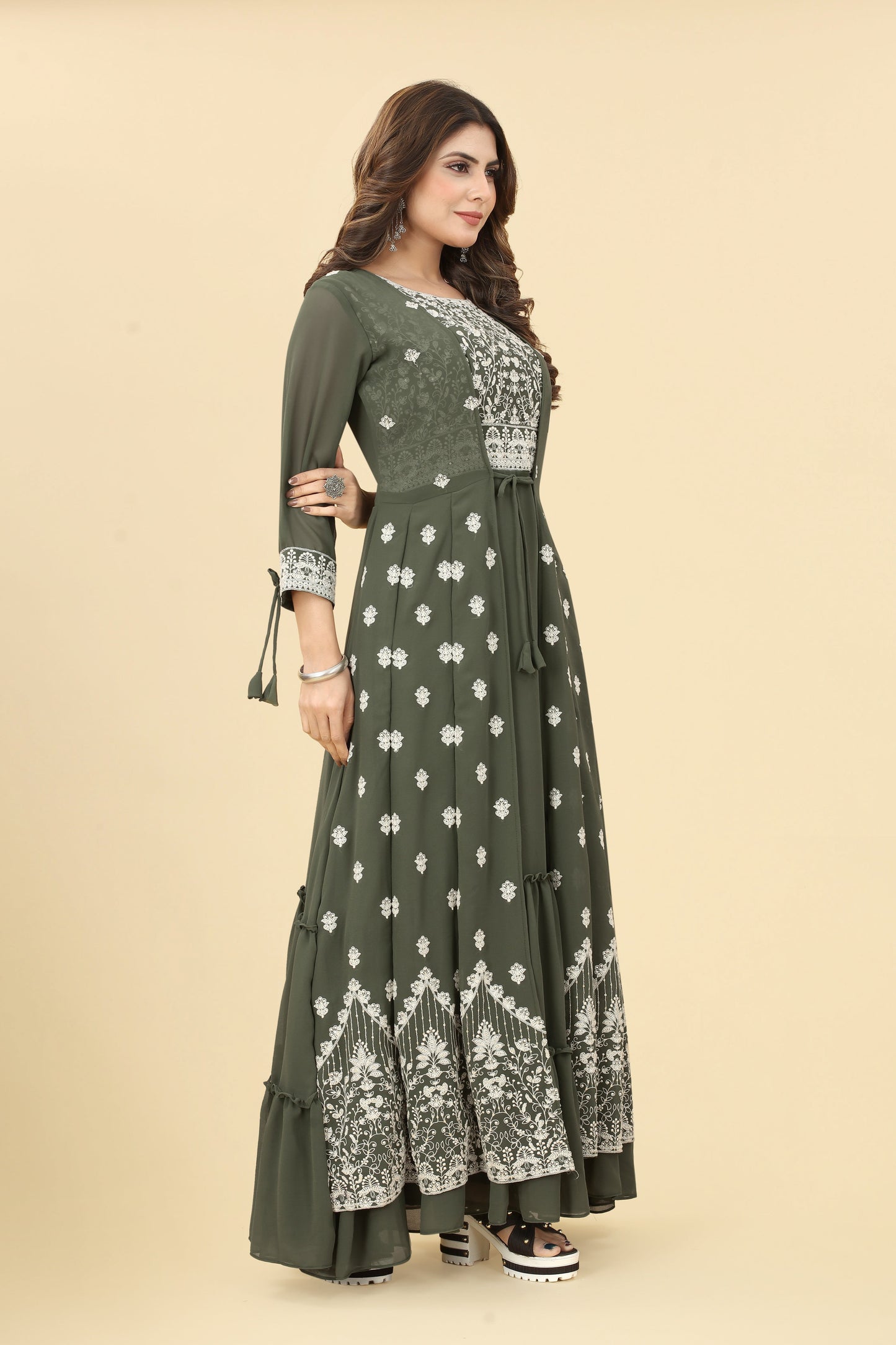 Olive green Georgette Embroidered Gown Women