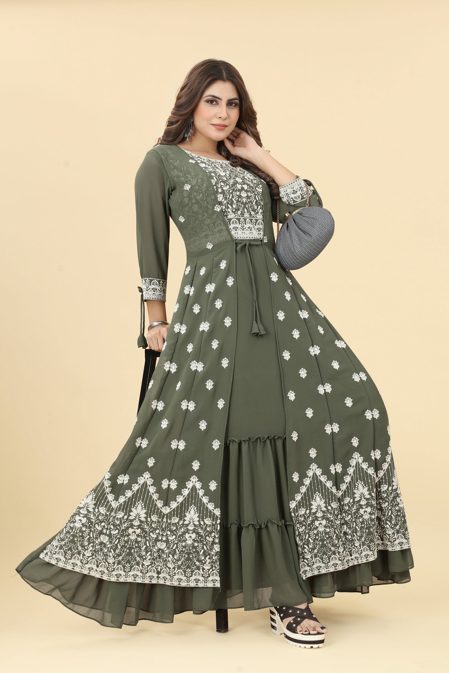 Olive green Georgette Embroidered Gown Women