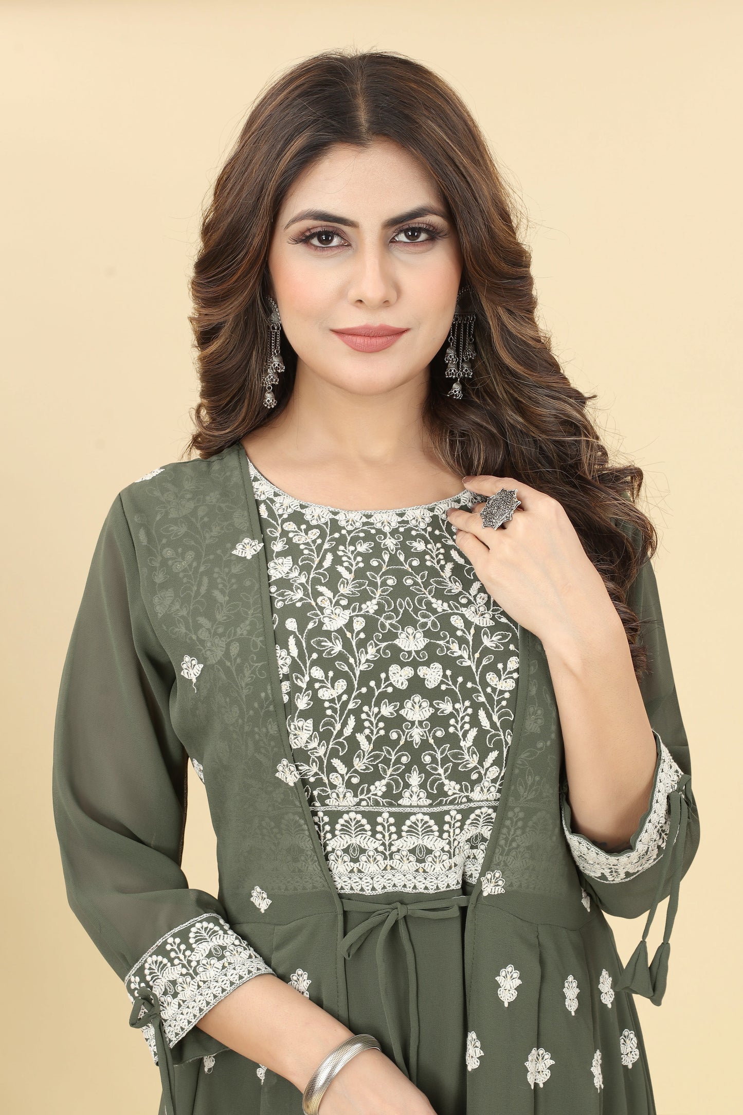 Olive green Georgette Embroidered Gown Women