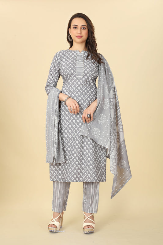 Grey Women Cotton Fabric Floral Print Straight Kurti,Pant with Dupatta