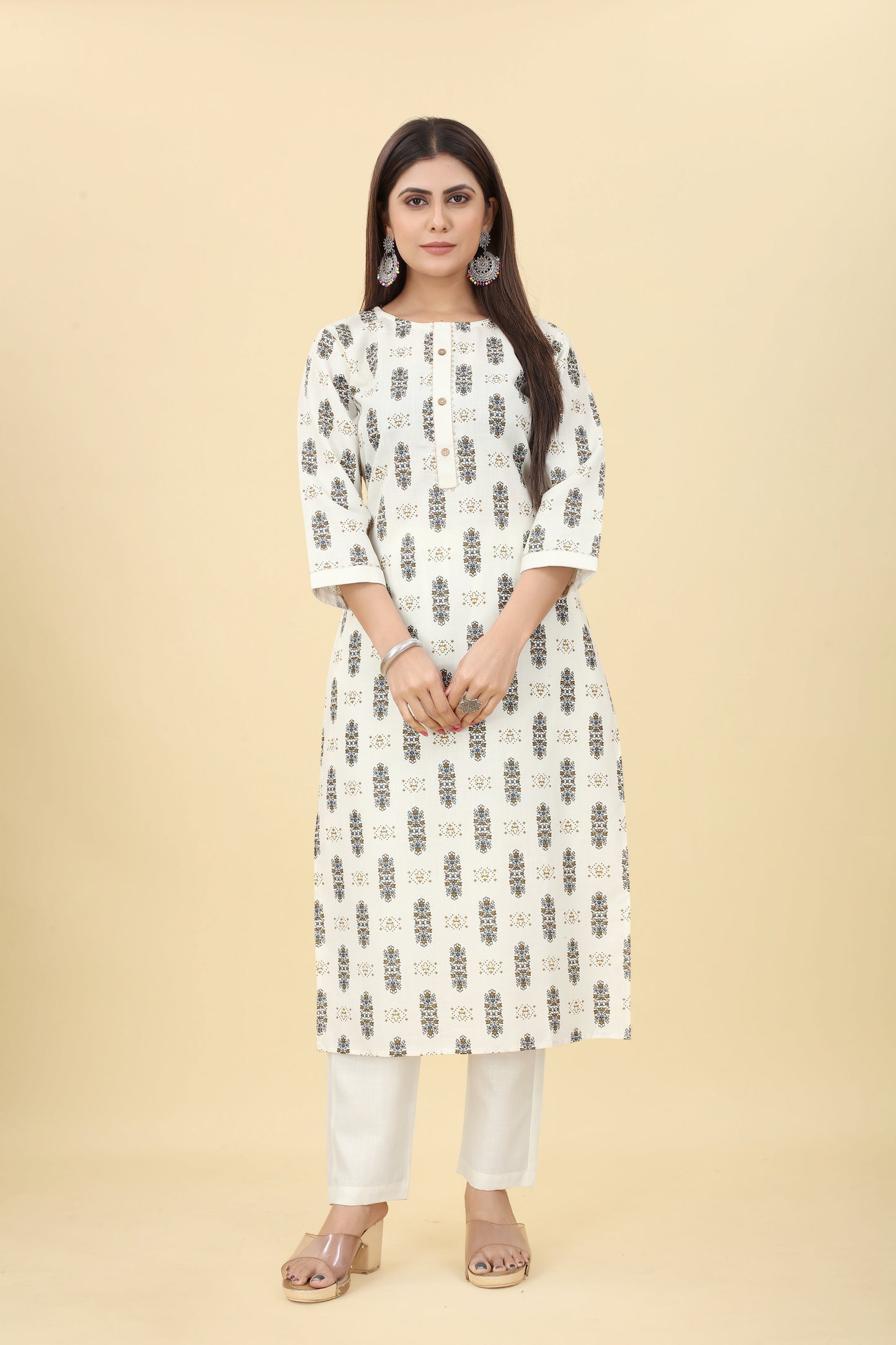 White Women Cotton Fabric Straight Round Nack Kurti With Pant