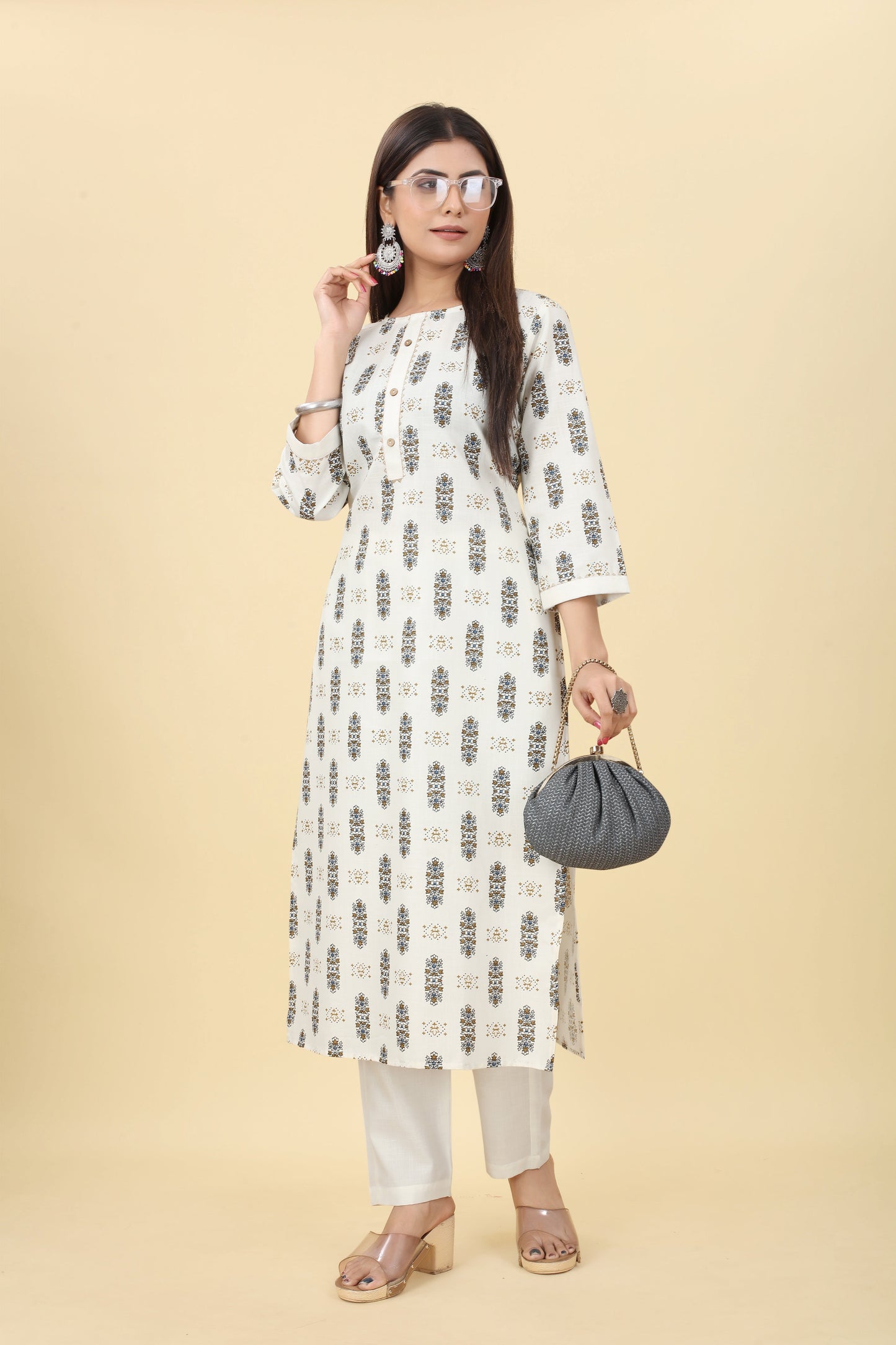 White Women Cotton Fabric Straight Round Nack Kurti With Pant