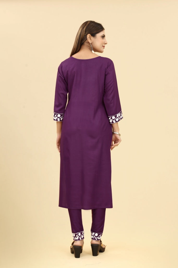 Wine Embroidered Rayon Kurta with Pant