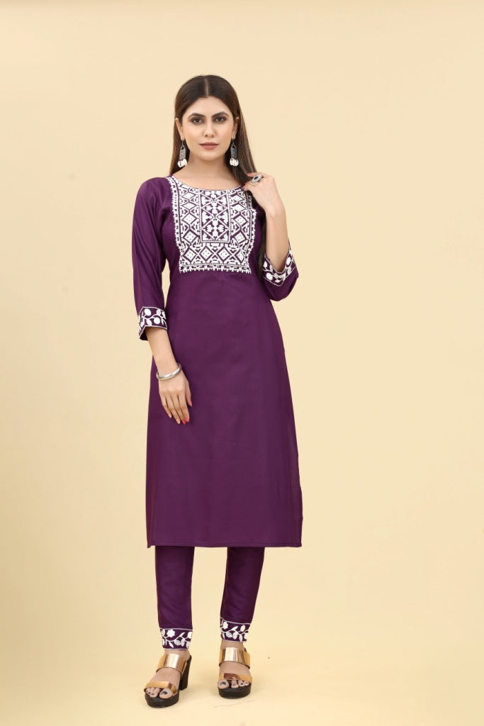 Wine Embroidered Rayon Kurta with Pant