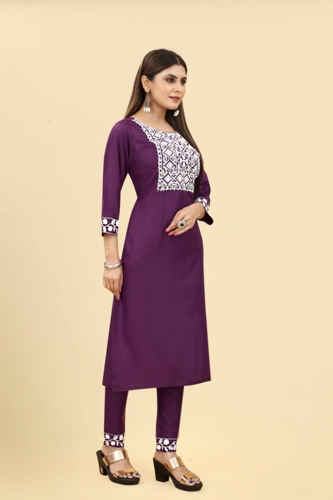 Wine Embroidered Rayon Kurta with Pant