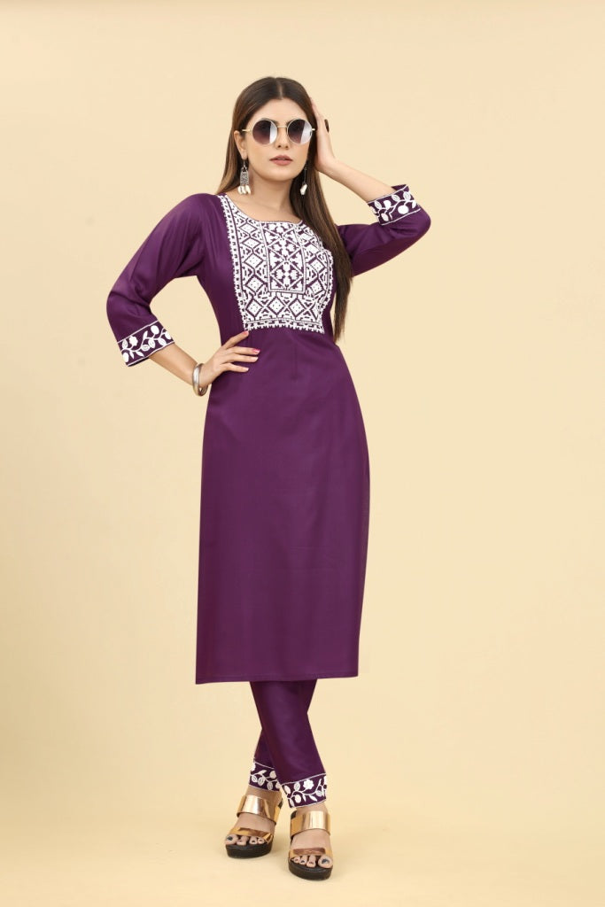 Wine Embroidered Rayon Kurta with Pant