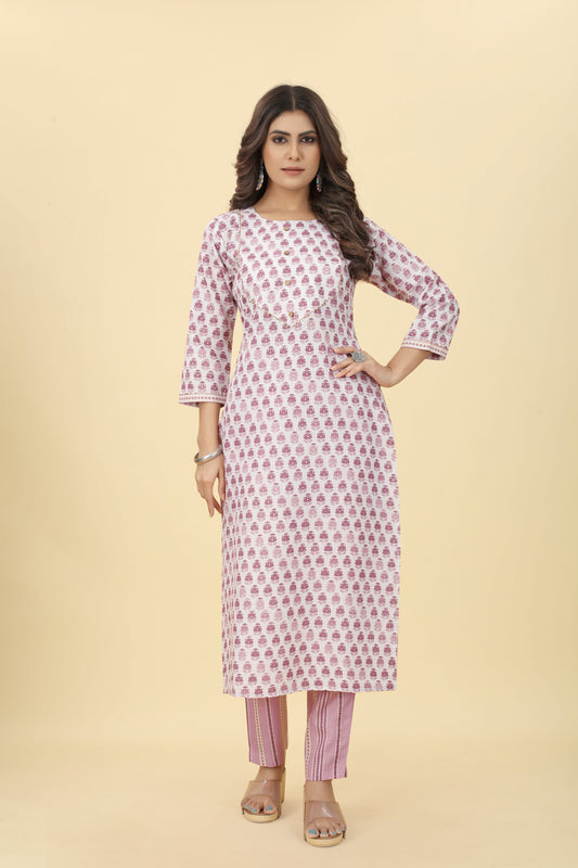 Pink Women Cotton Fabric Printed Straight Kurti with Pant