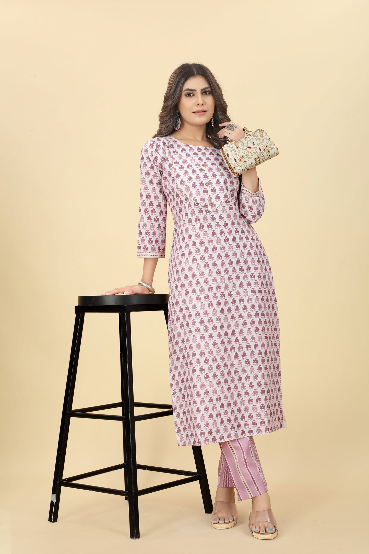 Pink Women Cotton Fabric Printed Straight Kurti with Pant