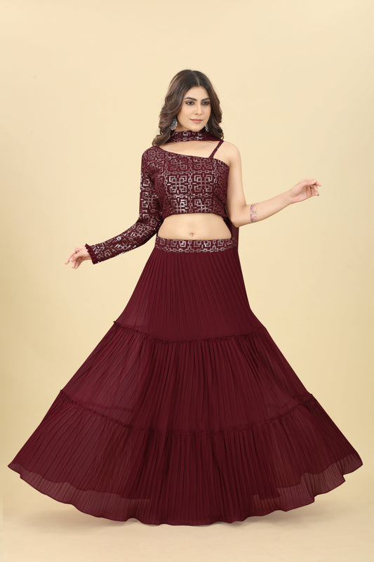 Maroon Sequinned One-shoulder Blouse With Pleated Lehenga