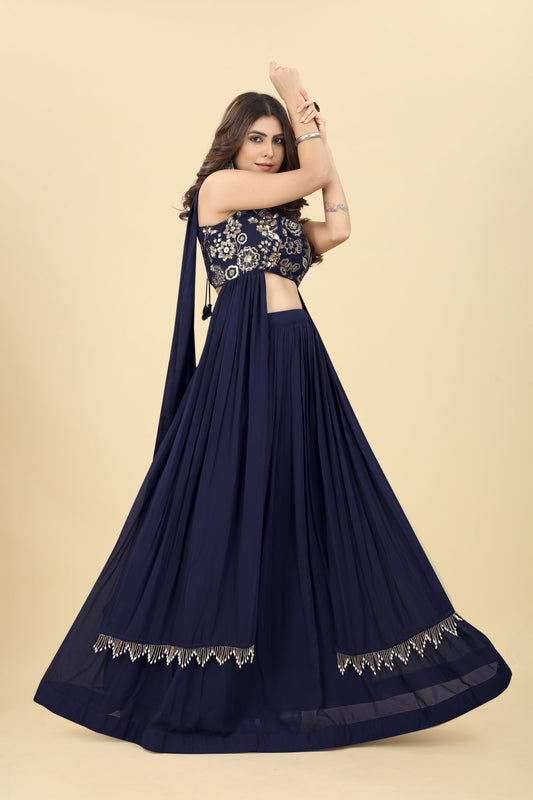 Blue Sequinned Sleeveless Blouse With Lehenga And Dupatta