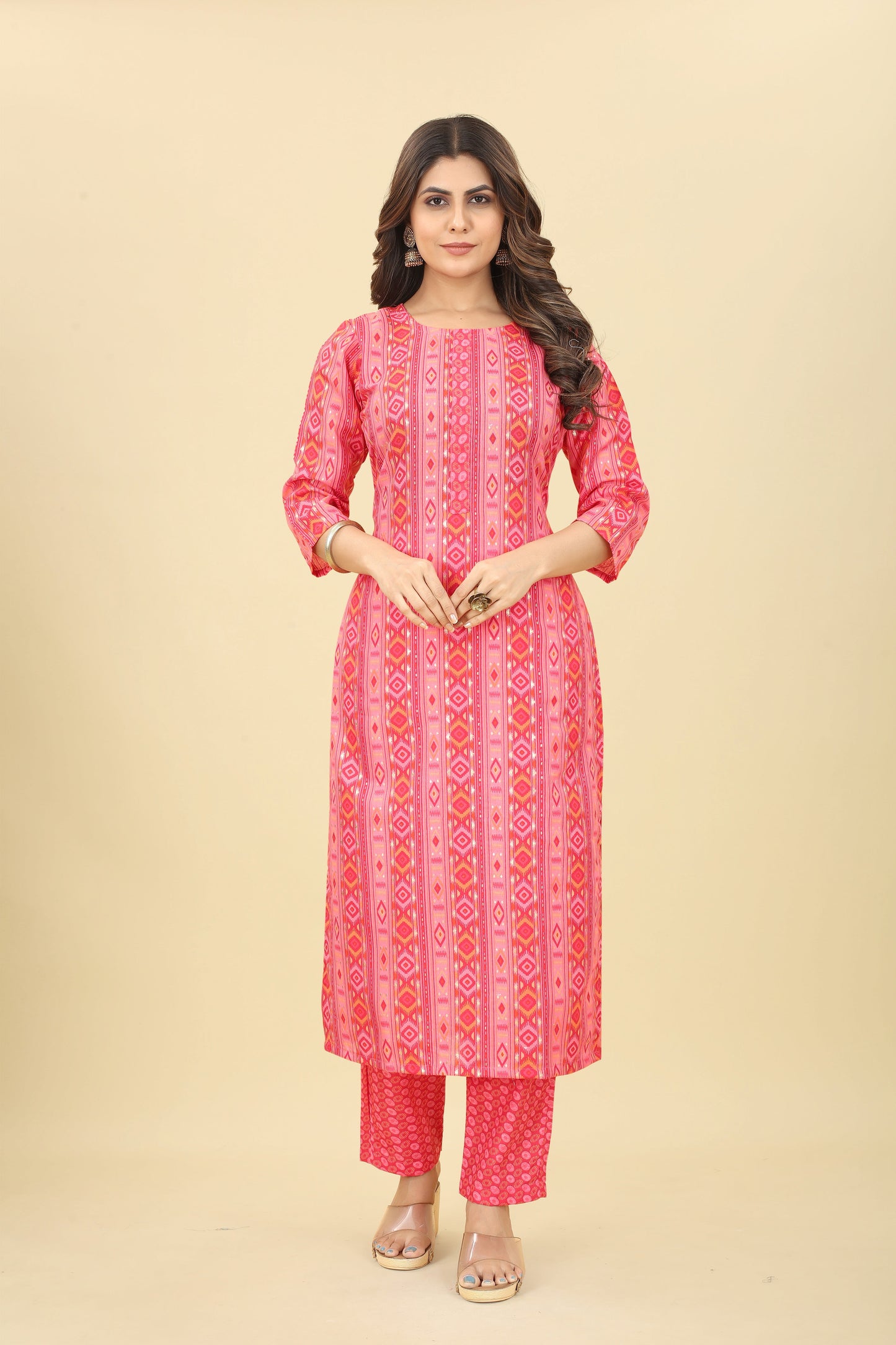 Pink Women Cotton Fabric Foil Print Straight Kurti with Pant