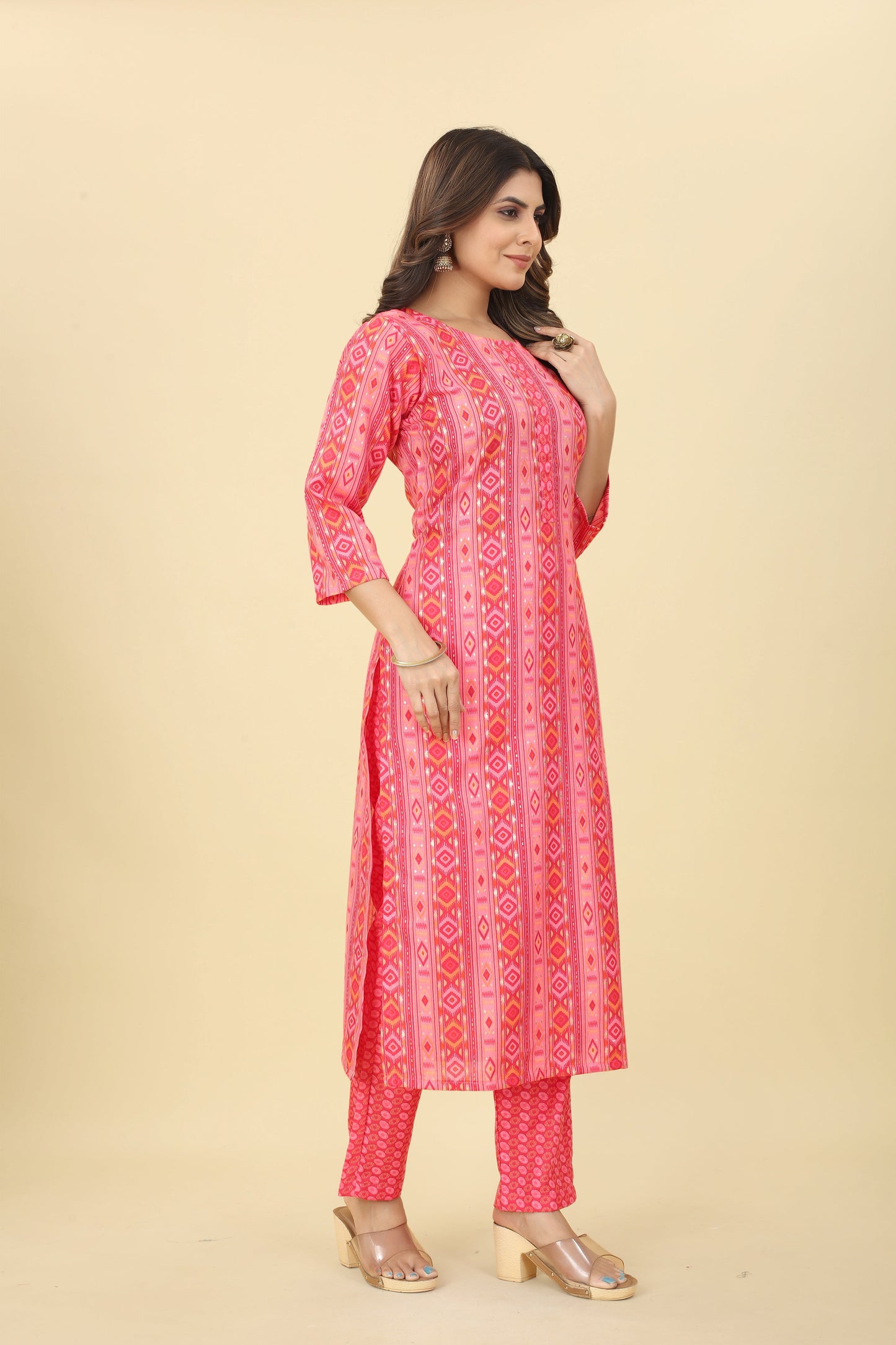 Pink Women Cotton Fabric Foil Print Straight Kurti with Pant