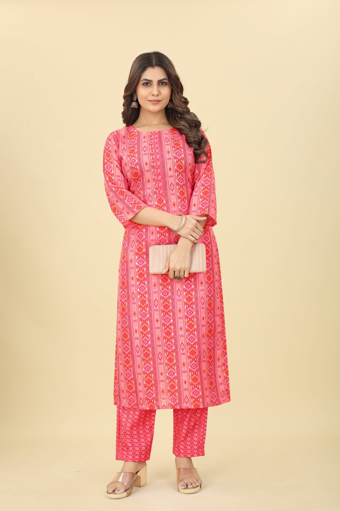 Pink Women Cotton Fabric Foil Print Straight Kurti with Pant