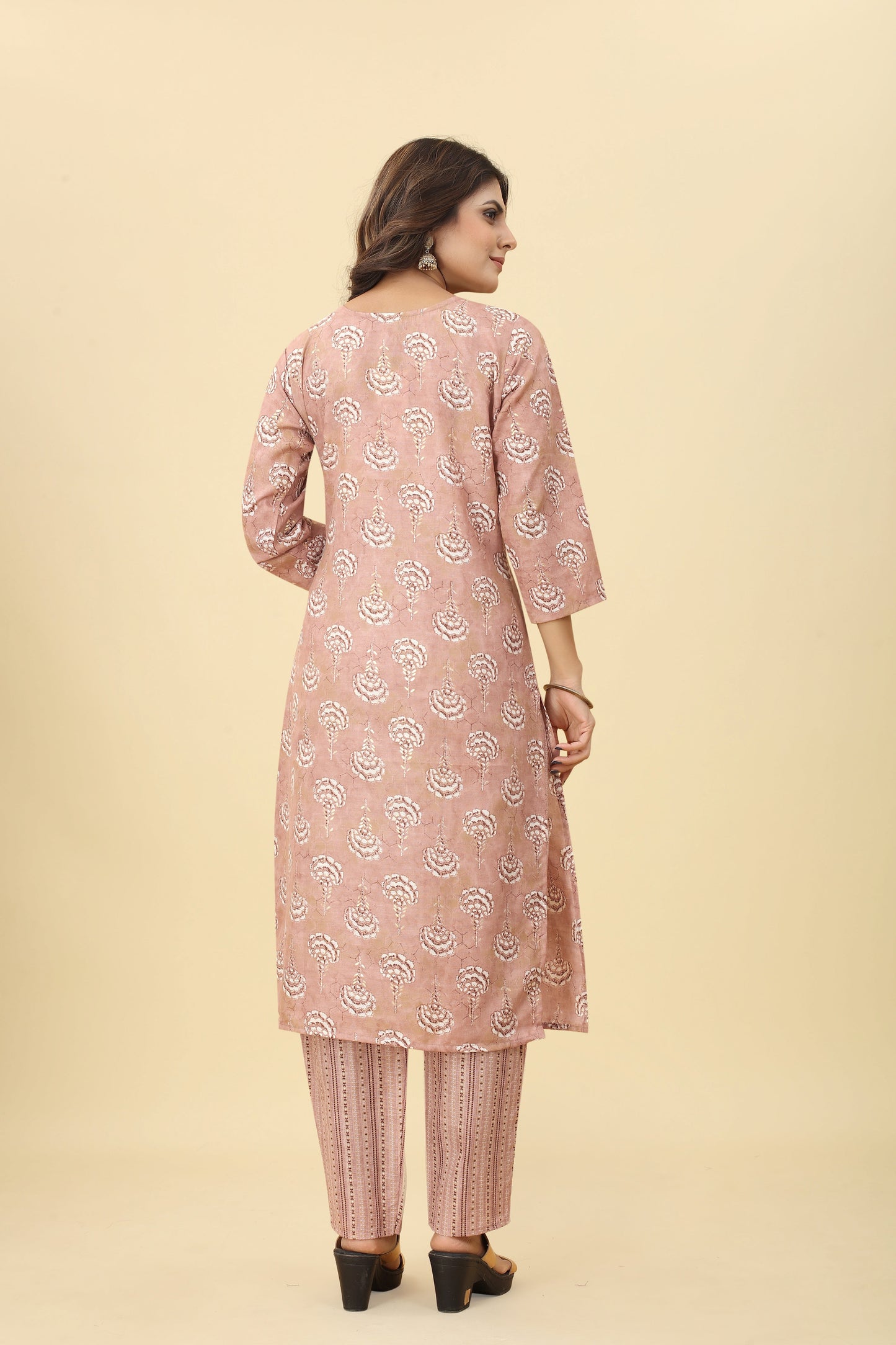 Pink Women Cotton Fabric Foil Print Straight Kurti with Pant