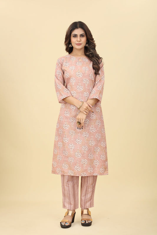 Pink Women Cotton Fabric Foil Print Straight Kurti with Pant