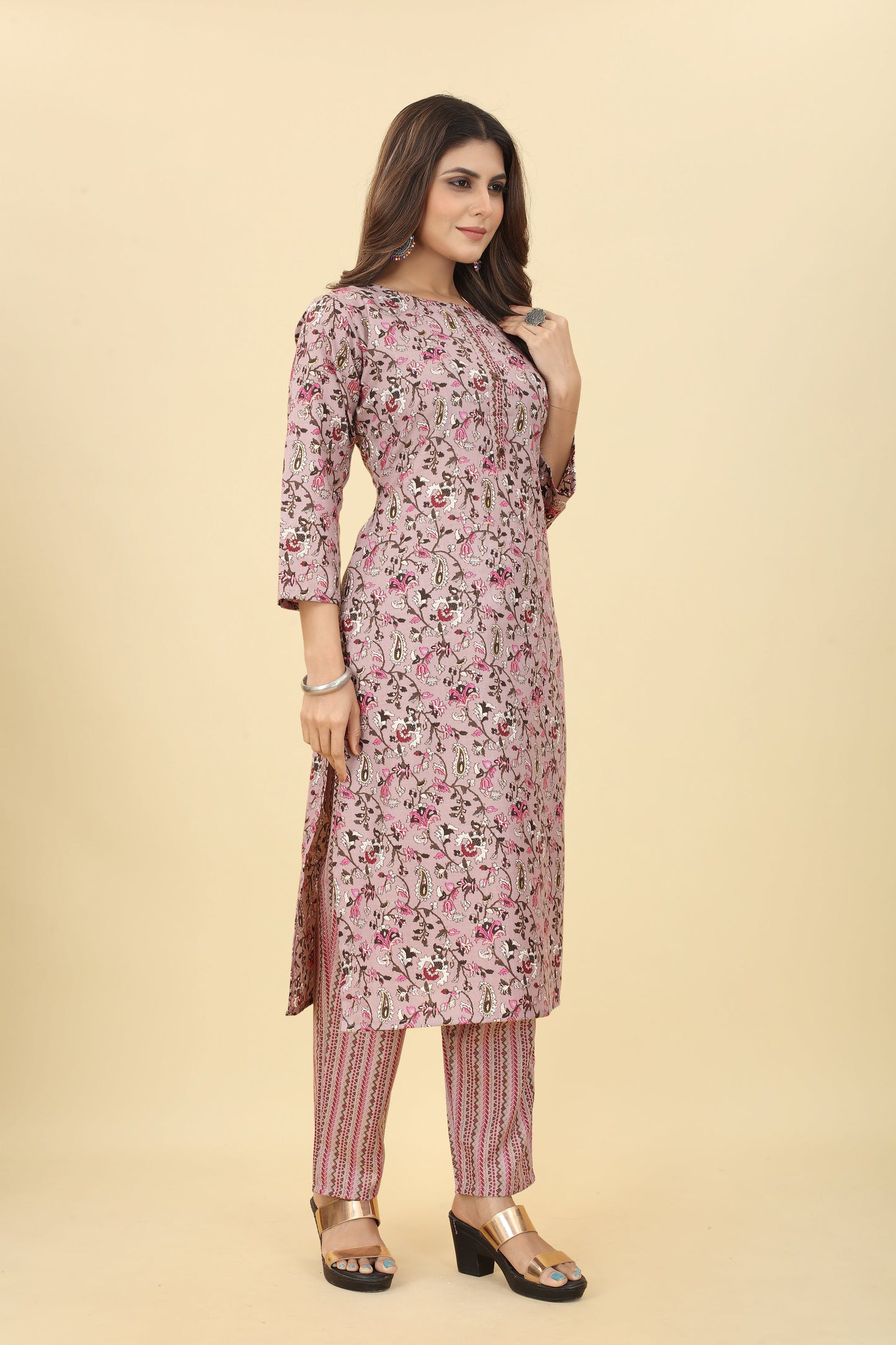 Pink Women Cotton Fabric Straight Kurti with Pant