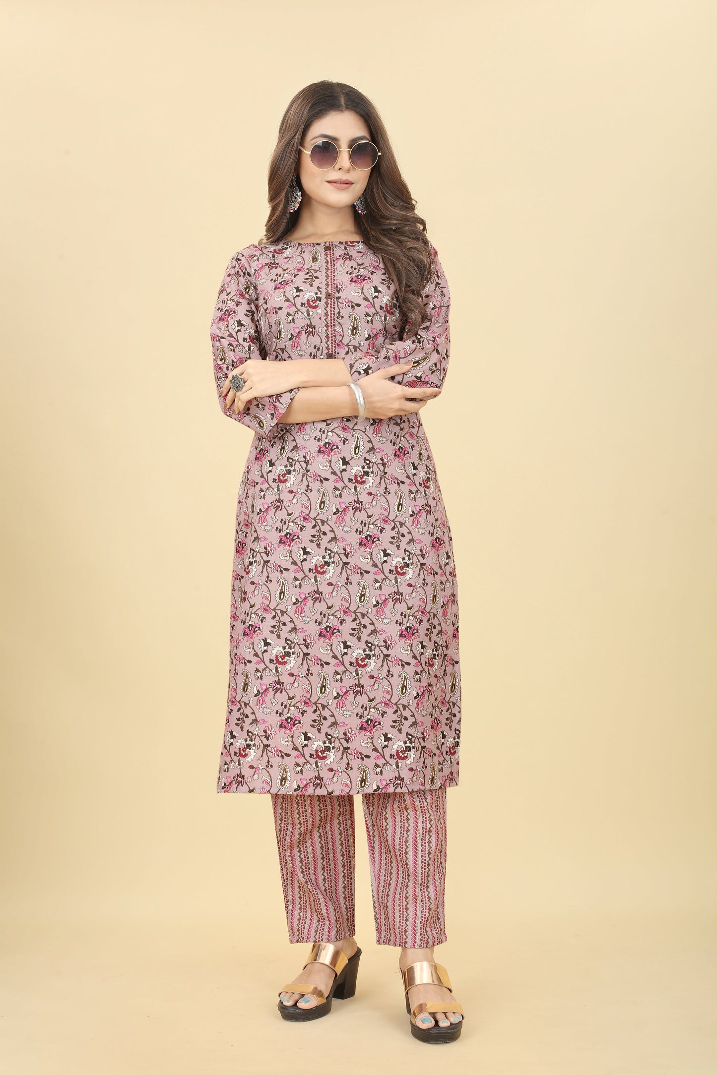 Pink Women Cotton Fabric Straight Kurti with Pant