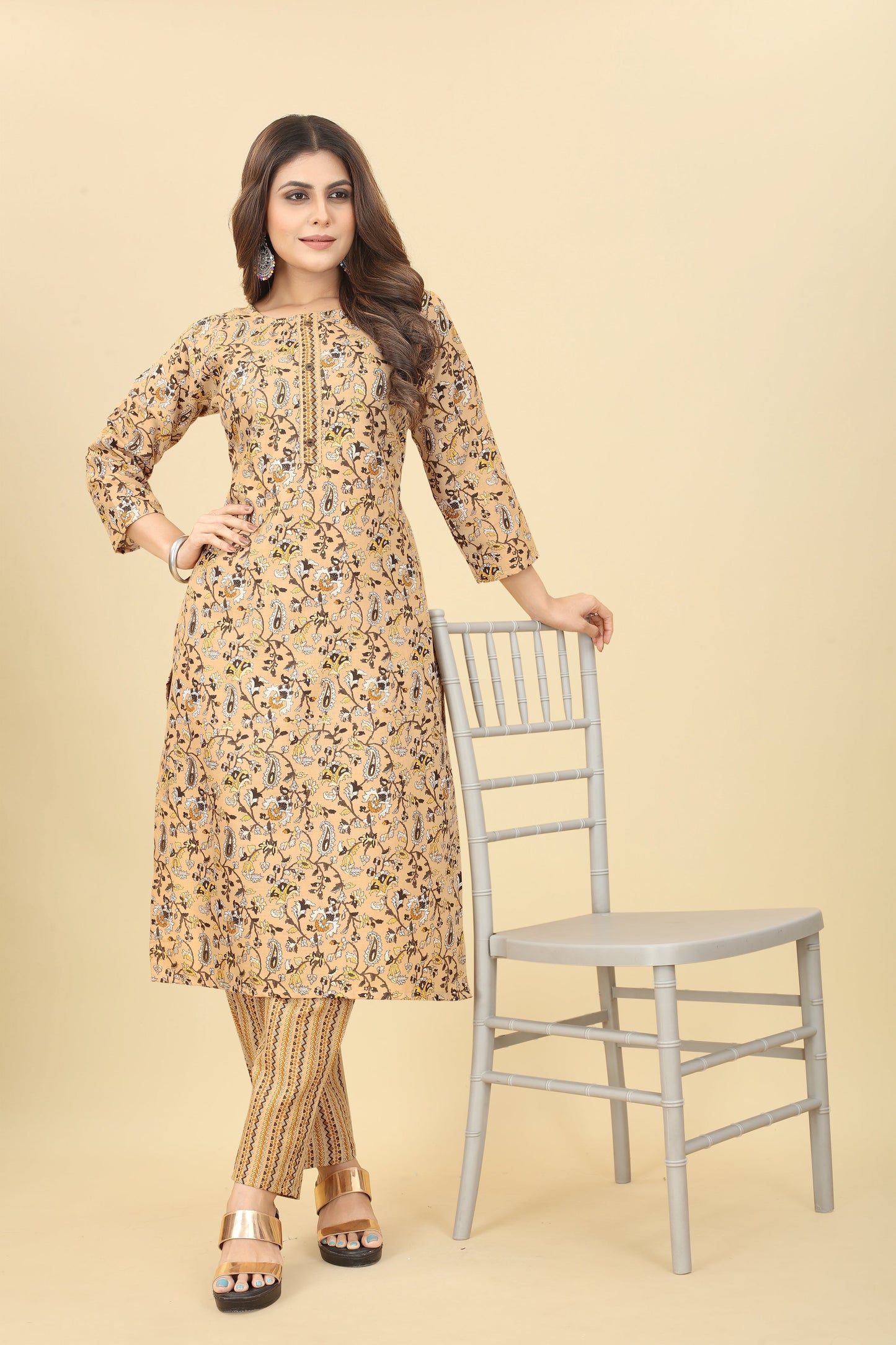 Yellow Women Cotton Fabric Straight Kurti with Pant