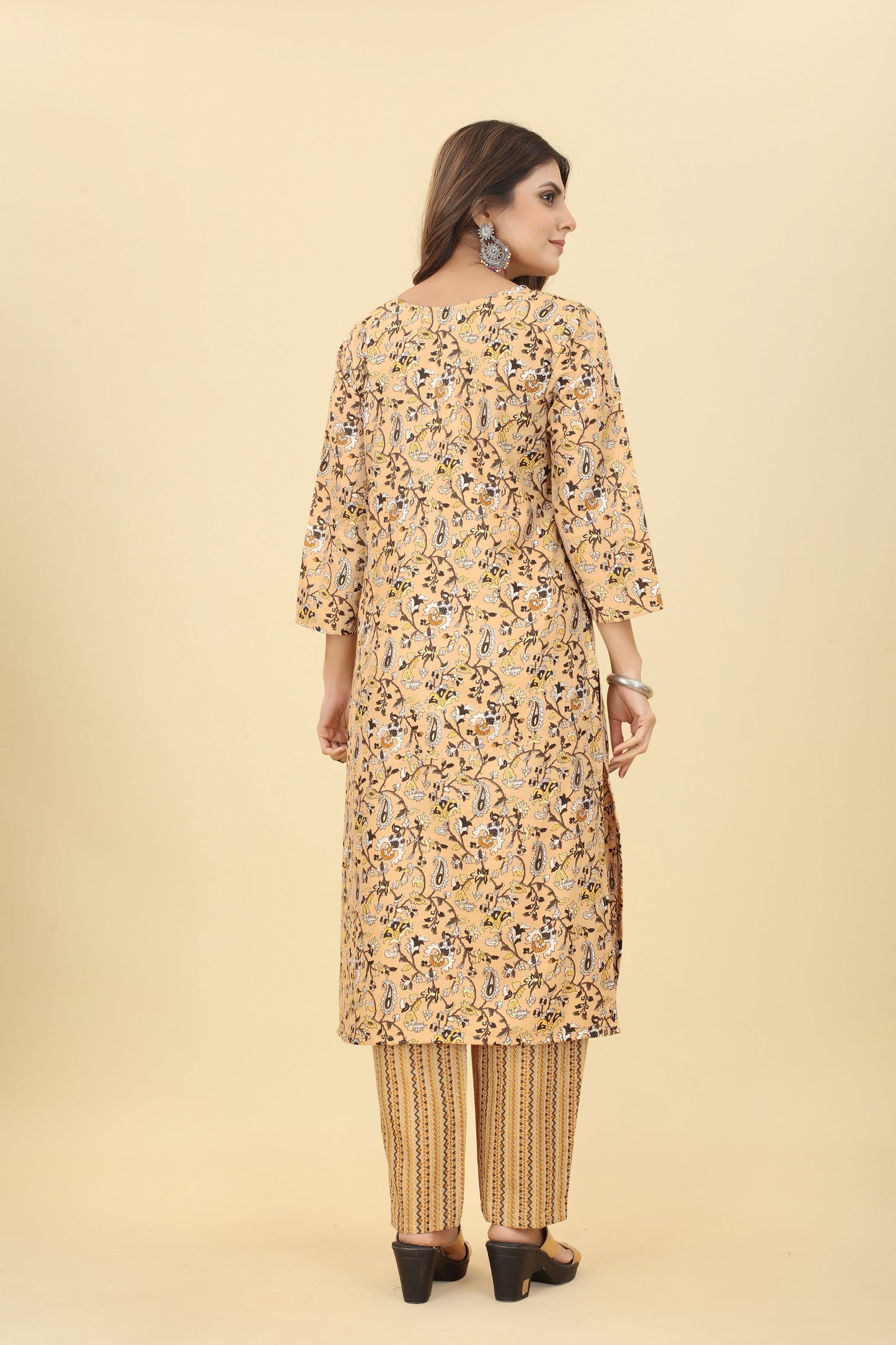 Yellow Women Cotton Fabric Straight Kurti with Pant