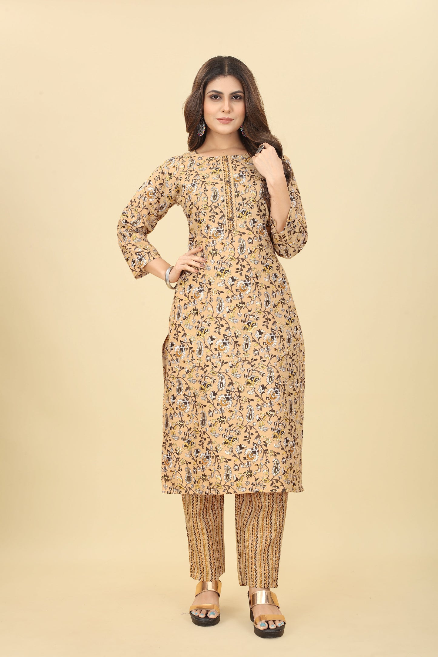 Yellow Women Cotton Fabric Straight Kurti with Pant