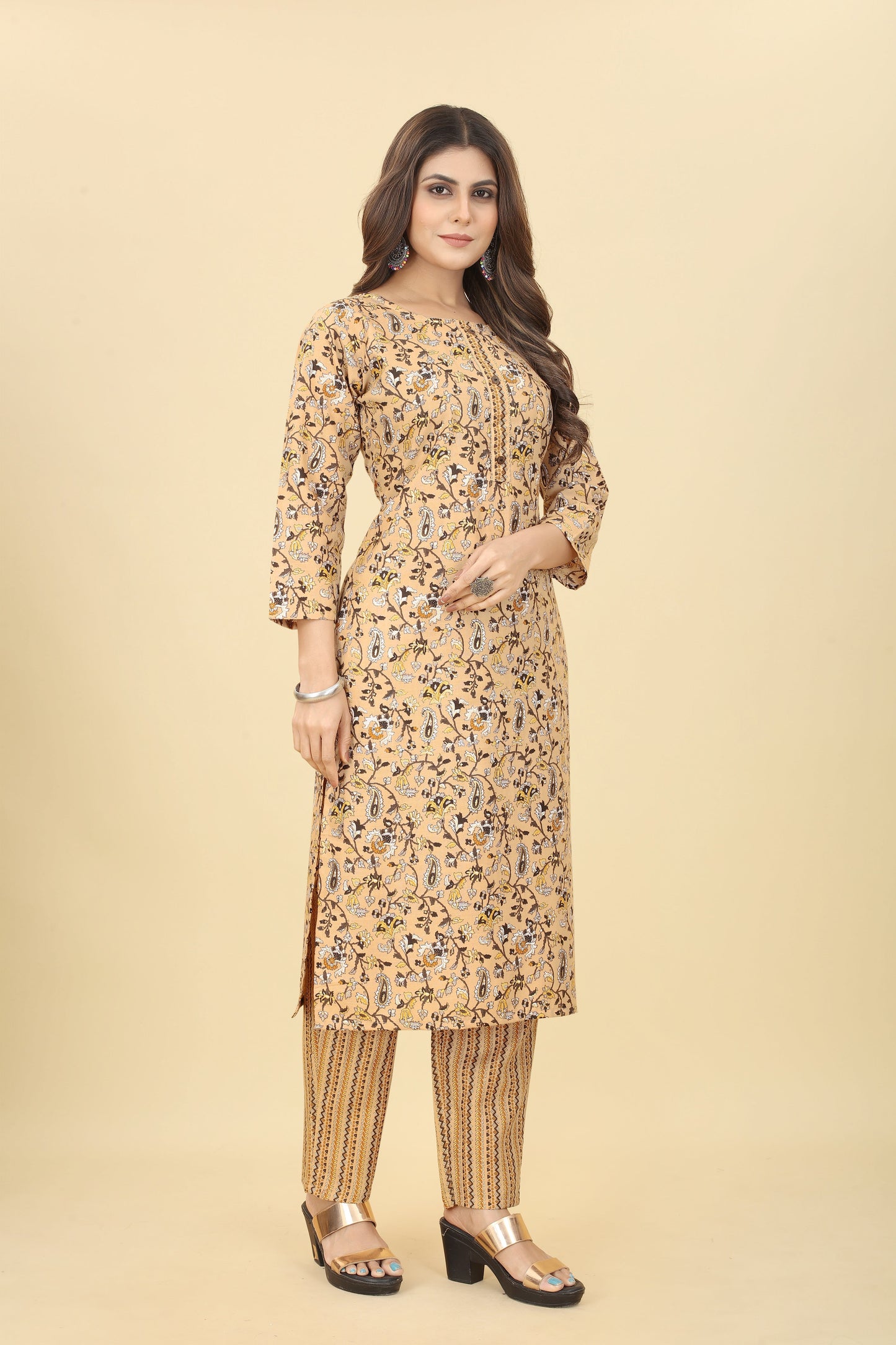 Yellow Women Cotton Fabric Straight Kurti with Pant