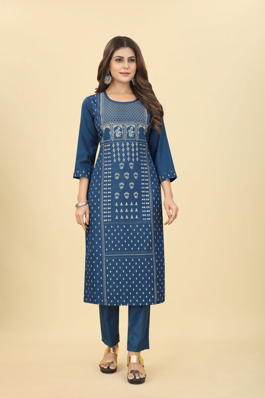 Blue Straight Cotton Kurta Pant Set