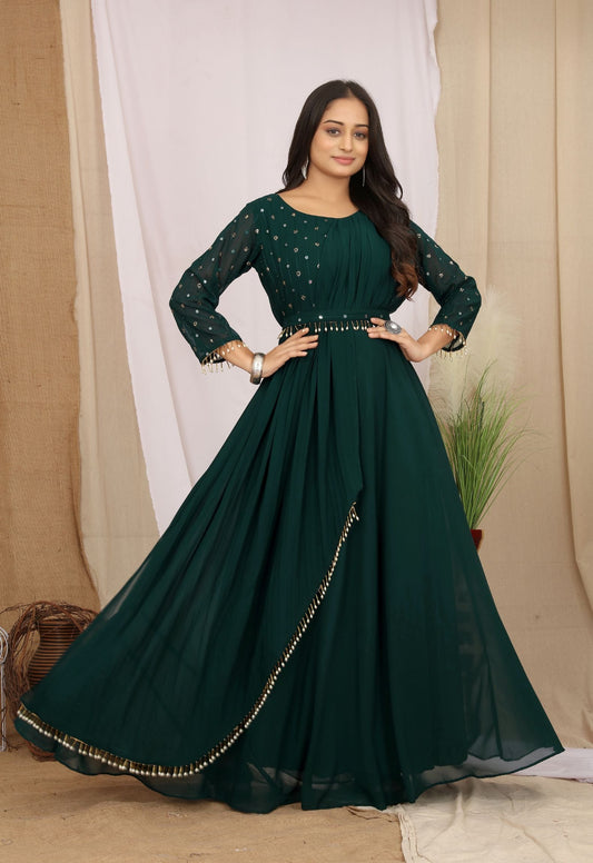 Green Georgette Embroidered Ethnic Dress With Belt