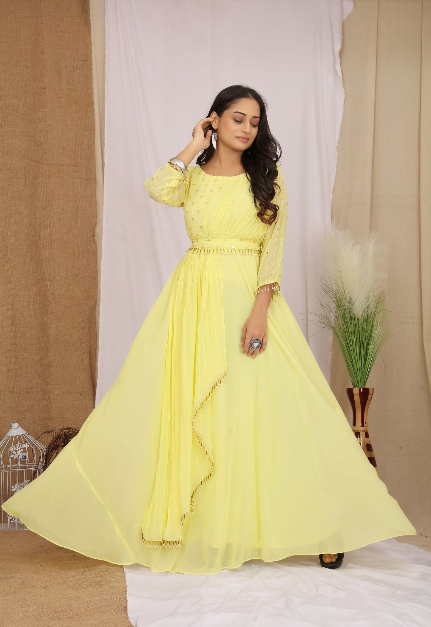 Georgette Yellow Embroidered Ethnic Dress With Belt